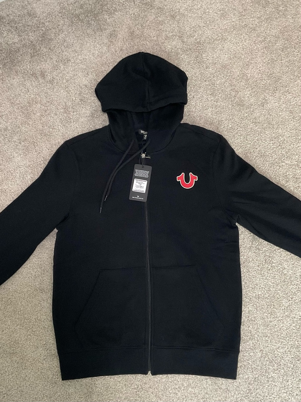 True Religion Black Zip-Up Hoodie with Red Logo Mens M